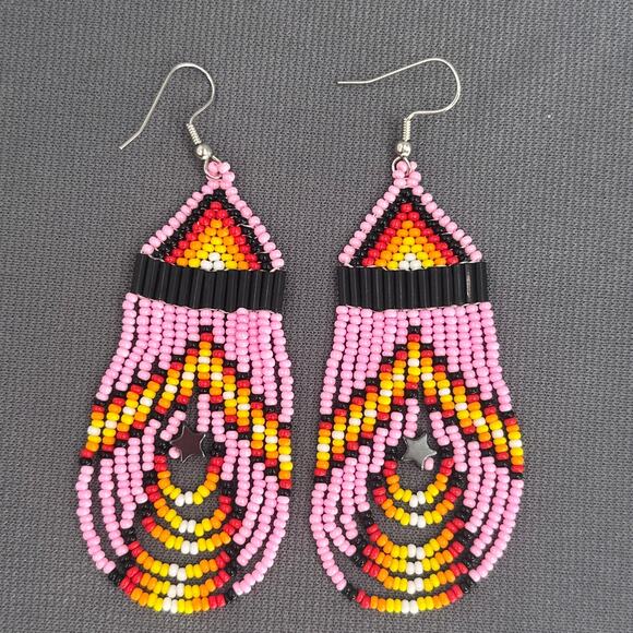 Tribal Earrings Seed Bead Handmade Multicolor Native American Boho Dangle 3” USA - Picture 1 of 15